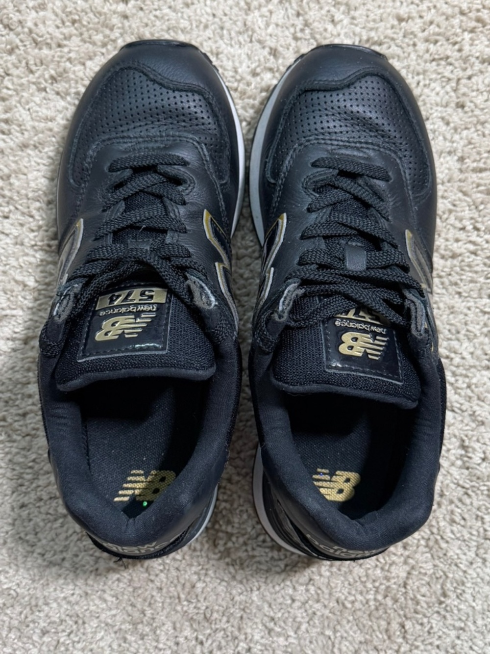 New Balance 574 Black Leather Gold Trim Sneakers WL574LDF Women’s 8 ENCAP - Picture 5 of 7